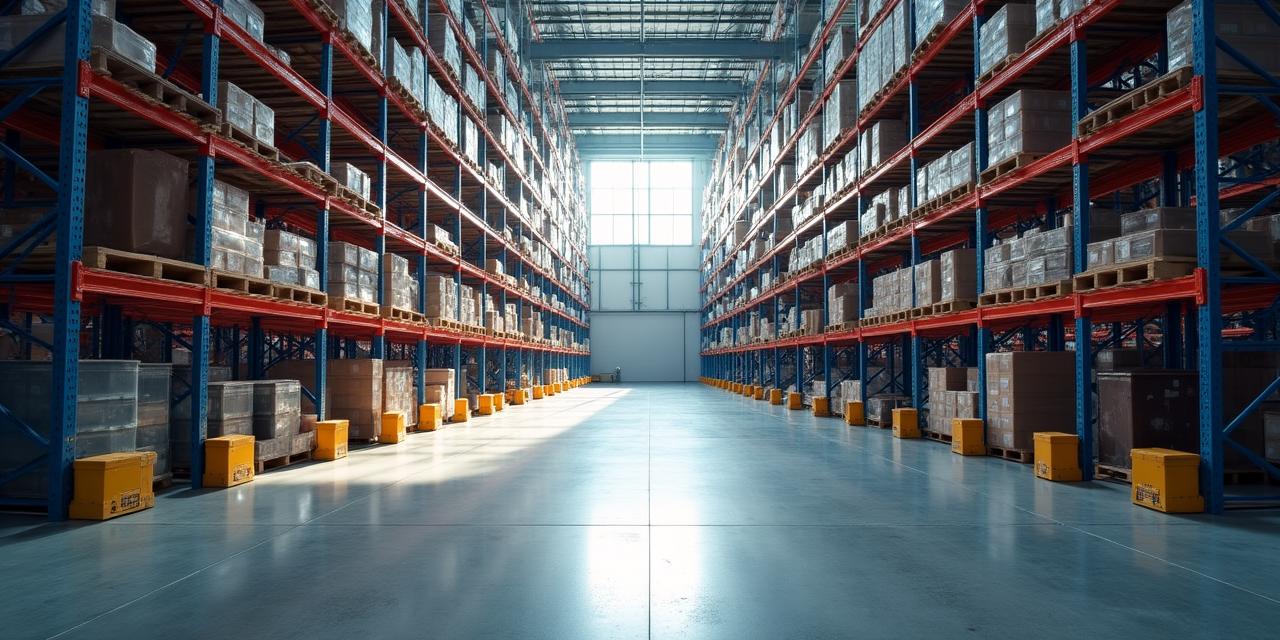 Large organized freight warehouse with high contrast lighting