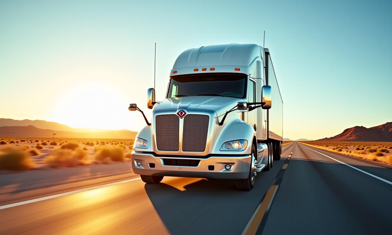 Heavy duty commercial transport truck on open highway