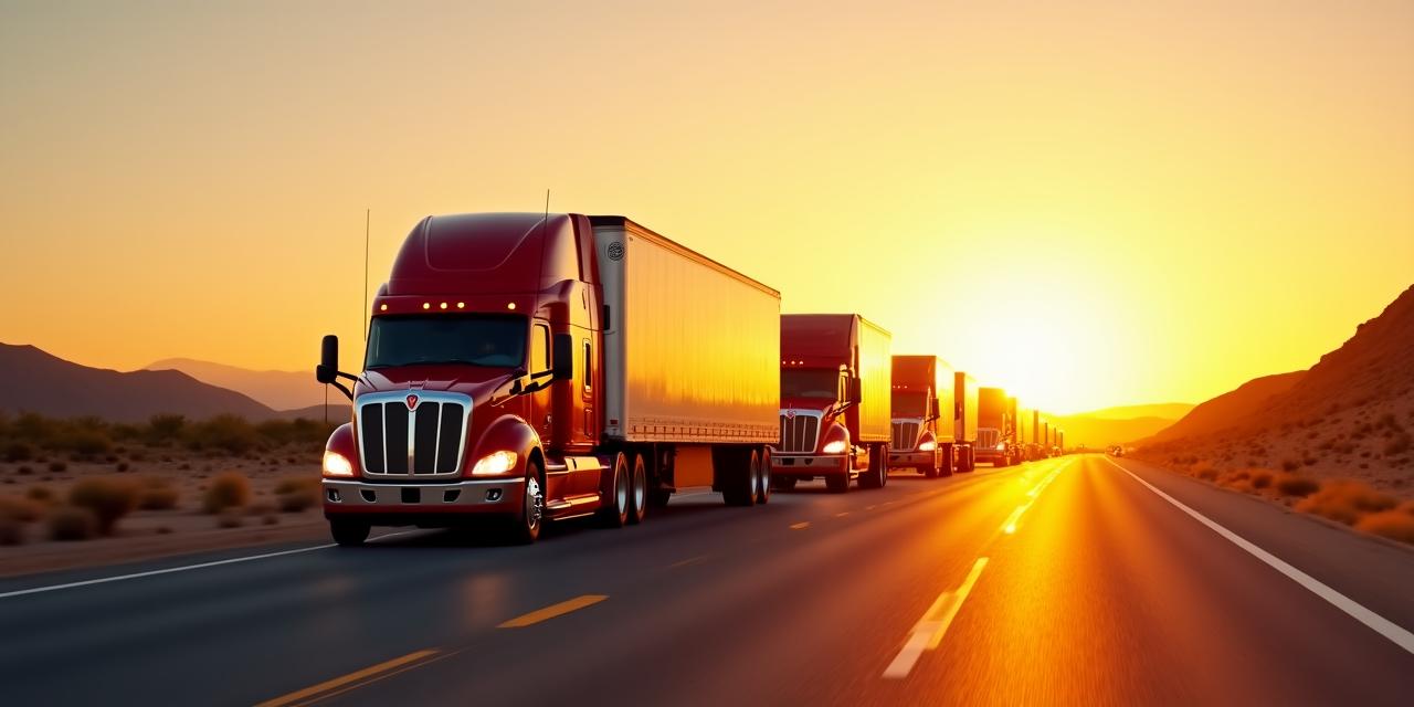 Heavy-duty logistics truck convoy on the road during sunset